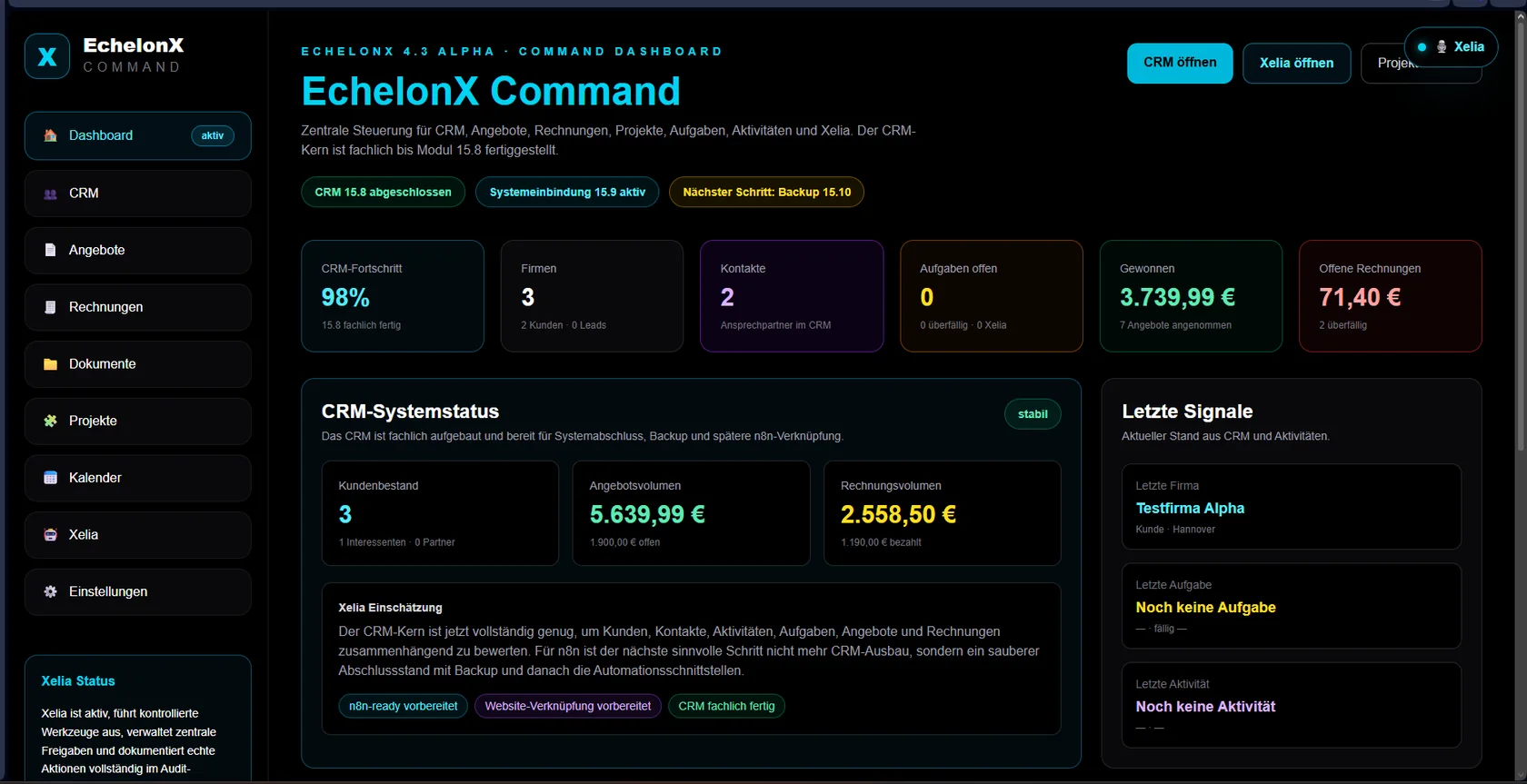 EchelonX Command Dashboard mit CRM-, Pipeline-, Aufgaben- und Rechnungsstatus