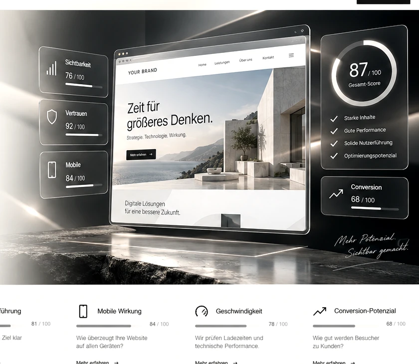 Premium-Visualisierung des EchelonX Website-Checks mit Website-Darstellung und Bewertungsmodulen